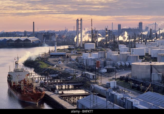 Large oil tanker ship navigating open waters near a refinery complex